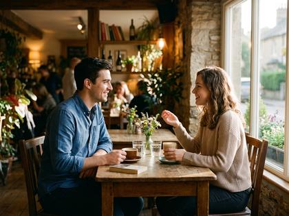 カフェで初対面の男女が向かい合って話している、自然光の差し込む店内