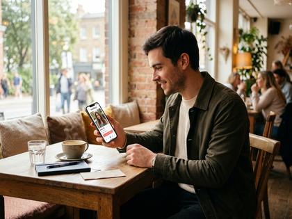 スマホでマッチングアプリのプロフィール画面を眺める男性のイメージ。カフェのテーブル、自然光