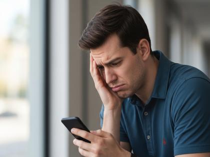 スマホを見て困った表情の男性。プロフィールにがっかりしているイメージ