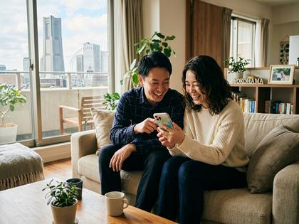 カップルでスマホを見ながら話している様子。横浜のマンションのリビング
