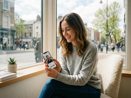 スマホでマッチングアプリを見て微笑む女性。明るい部屋の窓辺