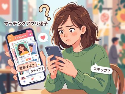 スマホのマッチングアプリ画面を見て戸惑う女性のイラスト