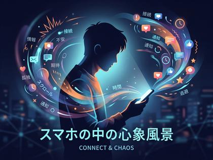 スマホを操作する男性のシルエットと心理を表現したイラスト