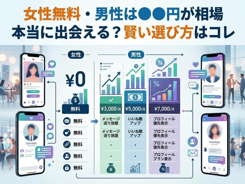 マッチングアプリの男女別料金と機能比較。無料女性と有料男性の出会い方。