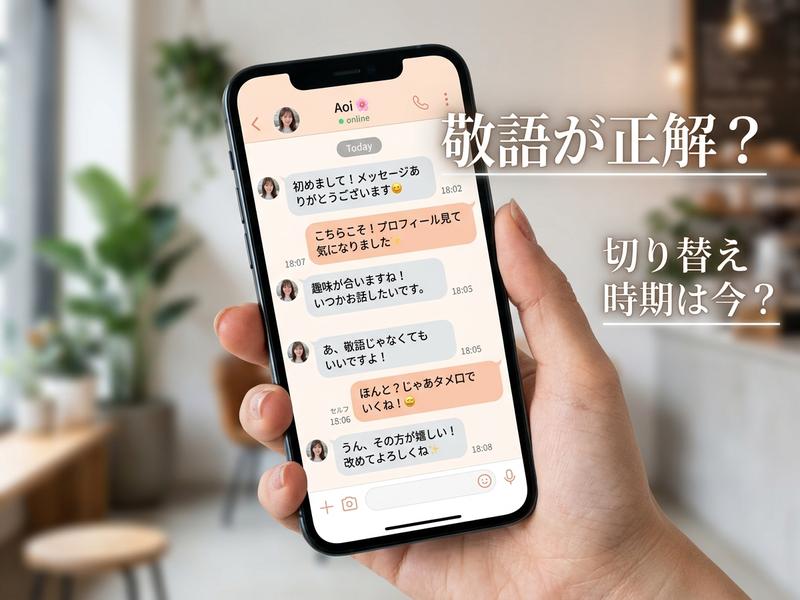 女性がスマホでチャット。敬語からタメ口への切り替えに関する会話とキャッチコピー。「敬語が正解？切り替え時期は今？」 (50文字)