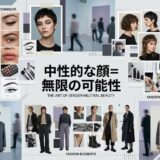 ジェンダーニュートラルなメイク、ヘアスタイル、ファッションを紹介するコラージュ画像。