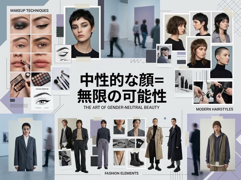 ジェンダーニュートラルなメイク、ヘアスタイル、ファッションを紹介するコラージュ画像。