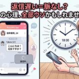 マッチングアプリで返信を待つ女性と、「返信遅い＝脈なし？」という疑問を提示する画像。