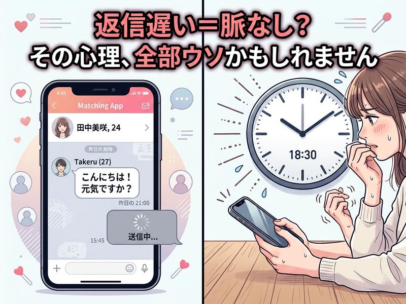 マッチングアプリで返信を待つ女性と、「返信遅い＝脈なし？」という疑問を提示する画像。