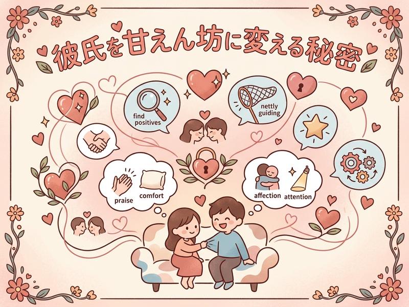 「彼氏を甘えん坊に変える秘密」をテーマに、愛情や関係改善のヒントを示す可愛いイラスト。