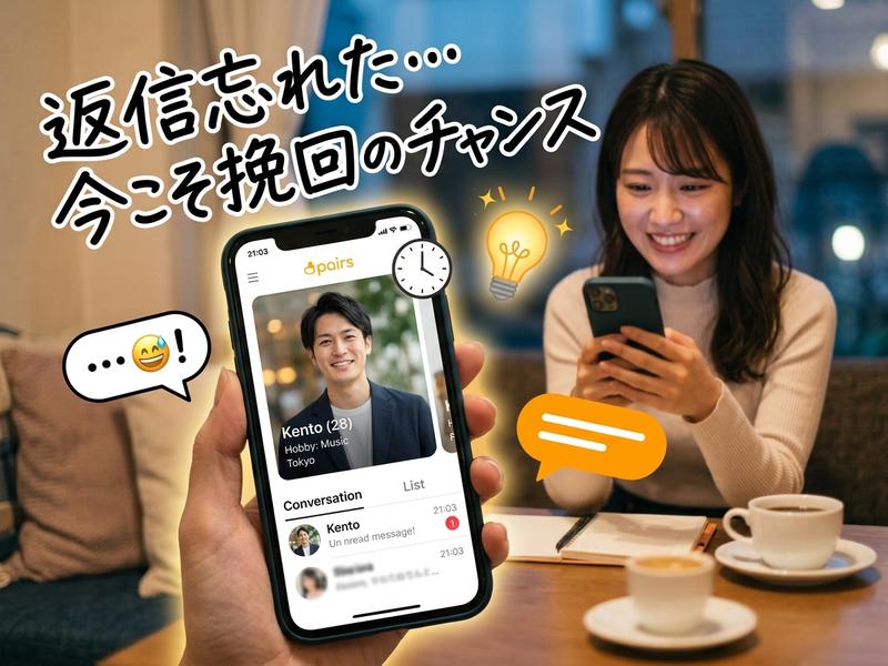 マッチングアプリPairsで返信を忘れたメッセージに気づき、笑顔で挽回を試みる女性。