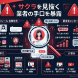 マッチングアプリ詐欺（サクラ）の手口と対策を解説するインフォグラフィック。