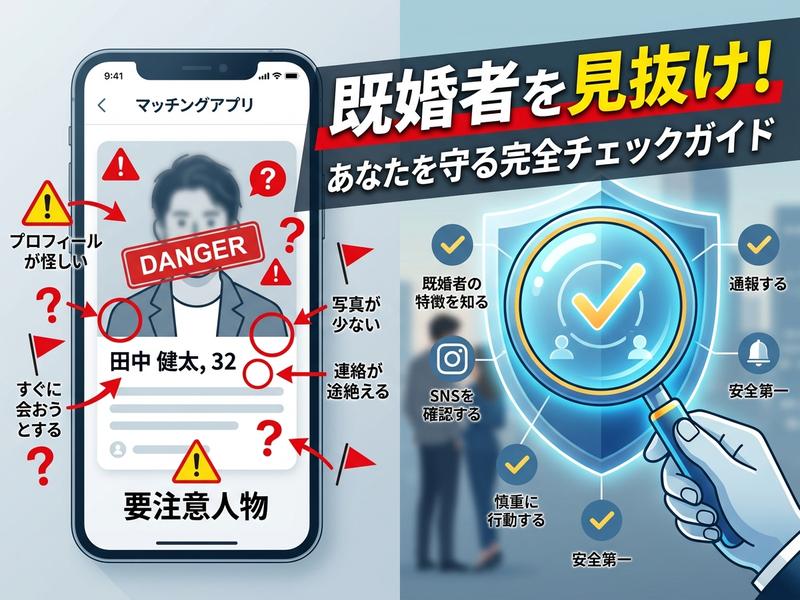 マッチングアプリで既婚者を見抜く完全チェックガイドの図。