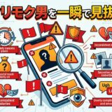 マッチングアプリでヤリモク男を見抜く危険信号の図解。