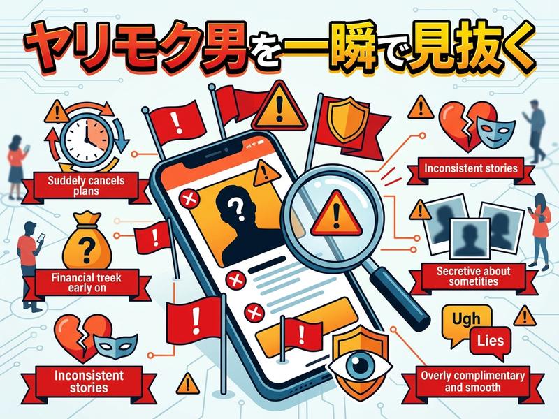 マッチングアプリでヤリモク男を見抜く危険信号の図解。