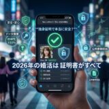 2026年の婚活アプリ。本人確認、独身証明、収入証明など、各種証明書で信頼性を高める安全なマッチングのイメージ。