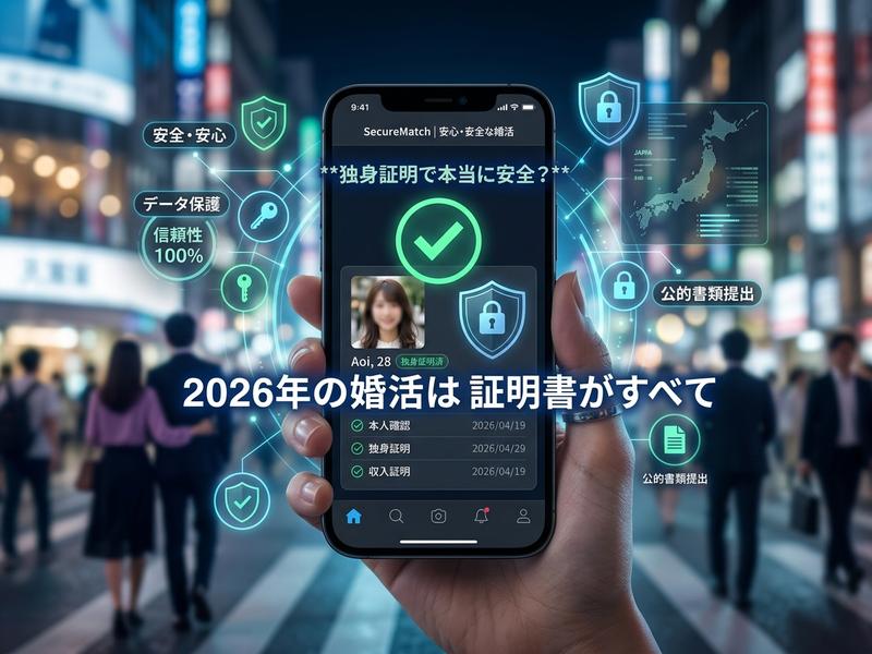2026年の婚活アプリ。本人確認、独身証明、収入証明など、各種証明書で信頼性を高める安全なマッチングのイメージ。