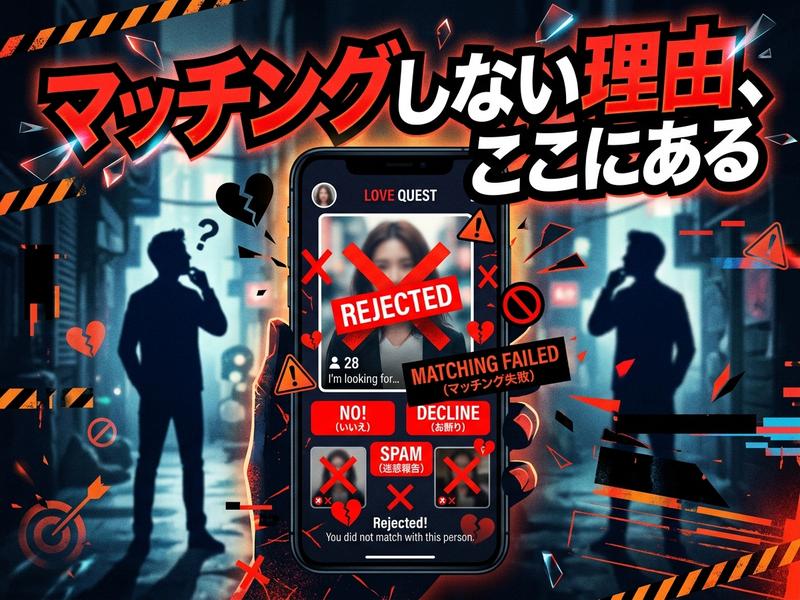 「マッチングしない理由、ここにある」の文字と、マッチングアプリで失敗し悩む男性たち。