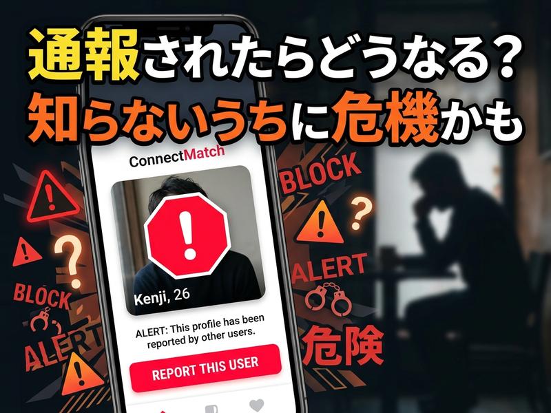 通報されたマッチングアプリのプロフィールと警告文。