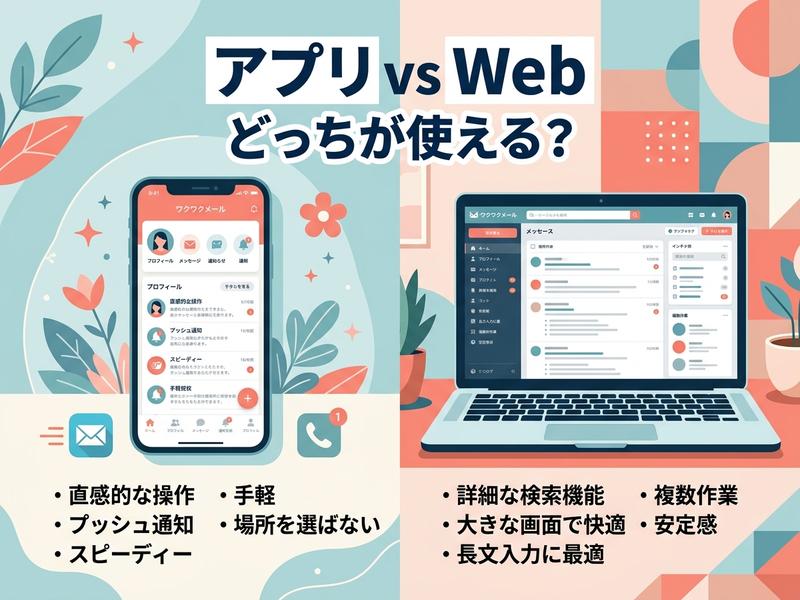 アプリとWeb、それぞれのメリットを比較するイラスト。