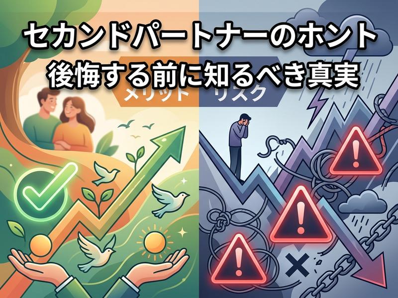 セカンドパートナーのメリット（幸福、成長）とリスク（困難、警告）を左右で対比するイラスト。