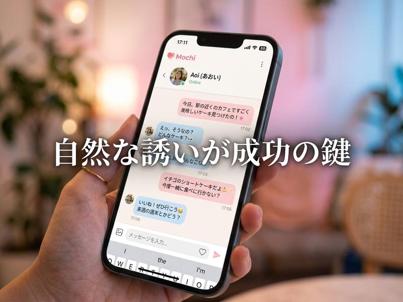 チャット画面のスマホと「自然な誘いが成功の鍵」という文字。