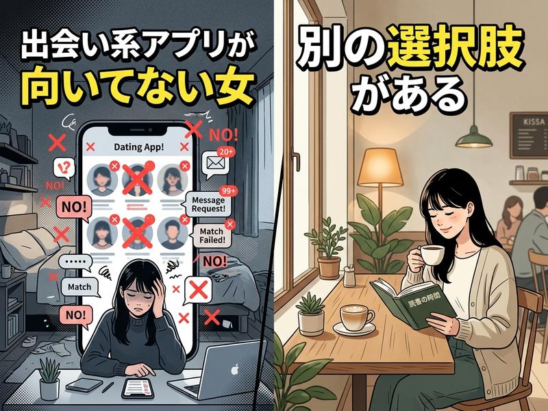 出会い系アプリに悩む女性と、カフェで読書を楽しむ女性の対比。別の選択肢を示す。