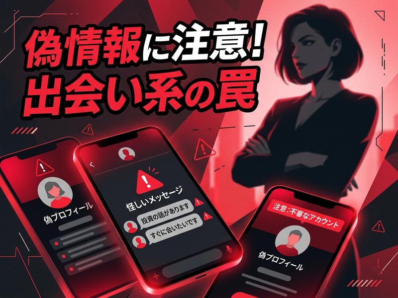 出会い系アプリの偽情報や詐欺に注意喚起するイラスト。スマホに怪しいメッセージや偽プロフが表示されている。