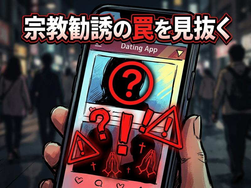 スマホのデートアプリで宗教勧誘の危険を警告する画面。