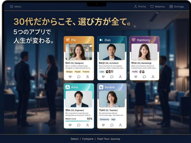 タブレットに表示された、30代向けマッチングアプリの選択画面。