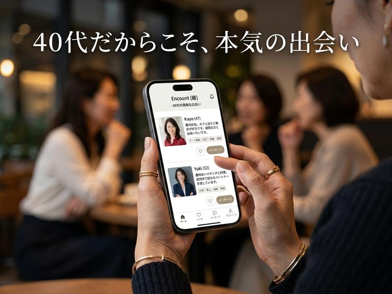 40代女性がスマホで真剣な出会いアプリを閲覧中。