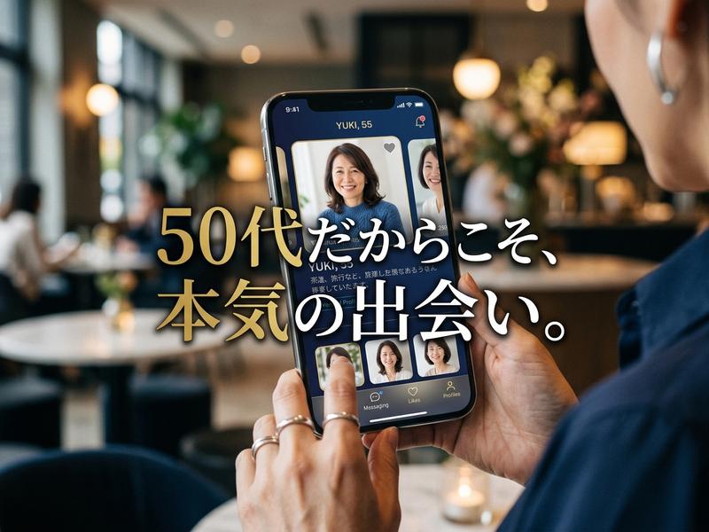 スマートフォンでマッチングアプリを操作する女性。「50代だからこそ、本気の出会い。」
