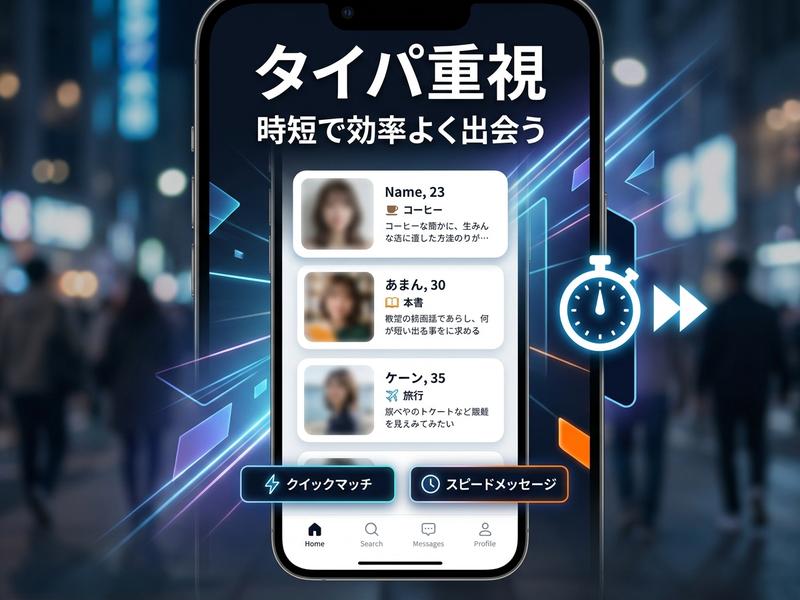 夜の街を背景に、効率的な出会いを促すマッチングアプリのスマホ画面。