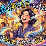居酒屋でビールを飲み大笑いする女性と楽しむ人々。「笑い上戸になる秘密」というテキスト。