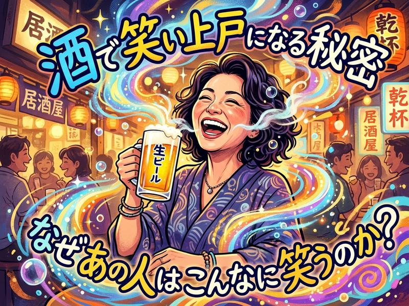 居酒屋でビールを飲み大笑いする女性と楽しむ人々。「笑い上戸になる秘密」というテキスト。