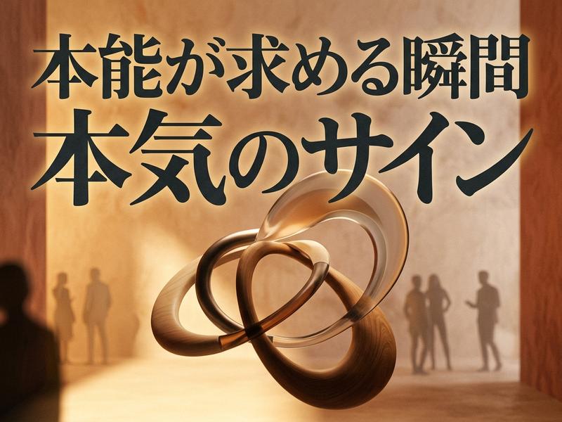 「本能が求める瞬間 本気のサイン」の文字、抽象的なオブジェと人々。