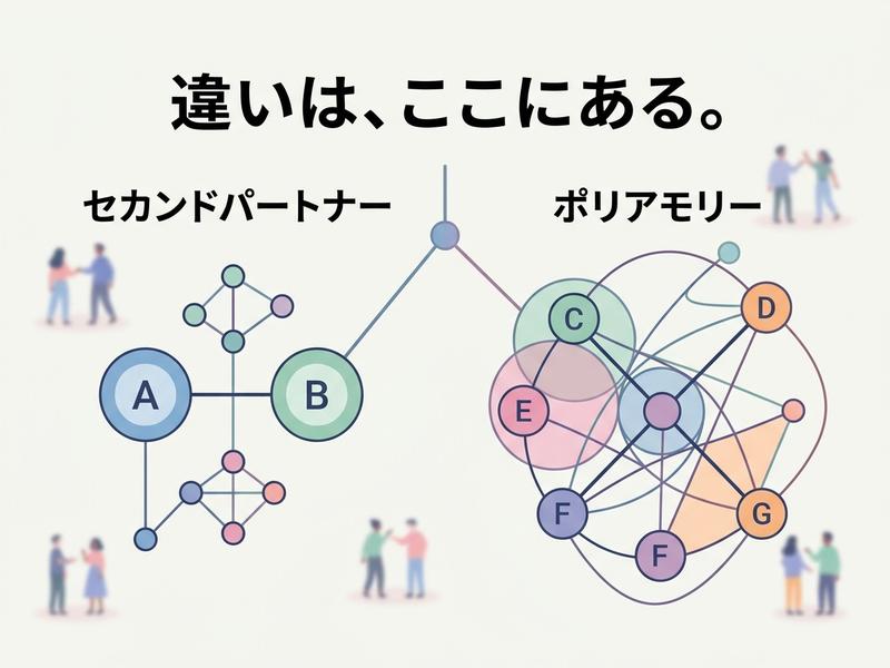 セカンドパートナーとポリアモリーの関係性の違いを示す図解イラスト。