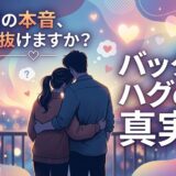 バックハグをするカップル。彼の本音やハグの真実を問うイラスト。
