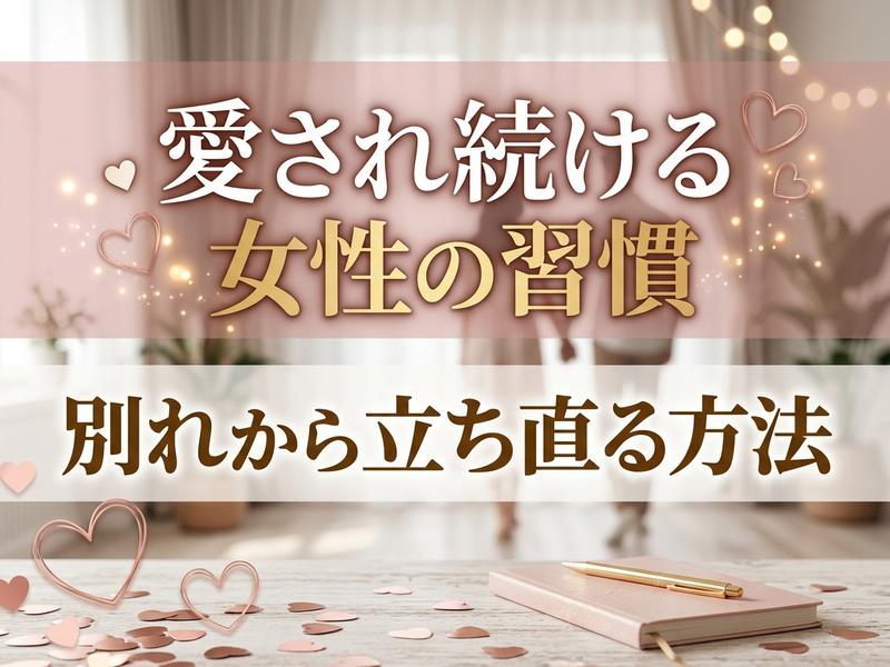 「愛される習慣」と「別れからの回復法」が書かれた画像。ハート、ノート、ペン。