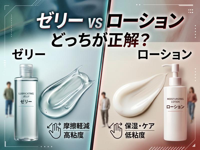ゼリーとローションの比較。ゼリーは摩擦軽減・高粘度、ローションは保湿・低粘度の特徴を説明。