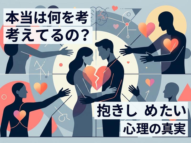 男女の複雑な心理と人間関係、抱き合いたい気持ちの真実を描いたイラスト。