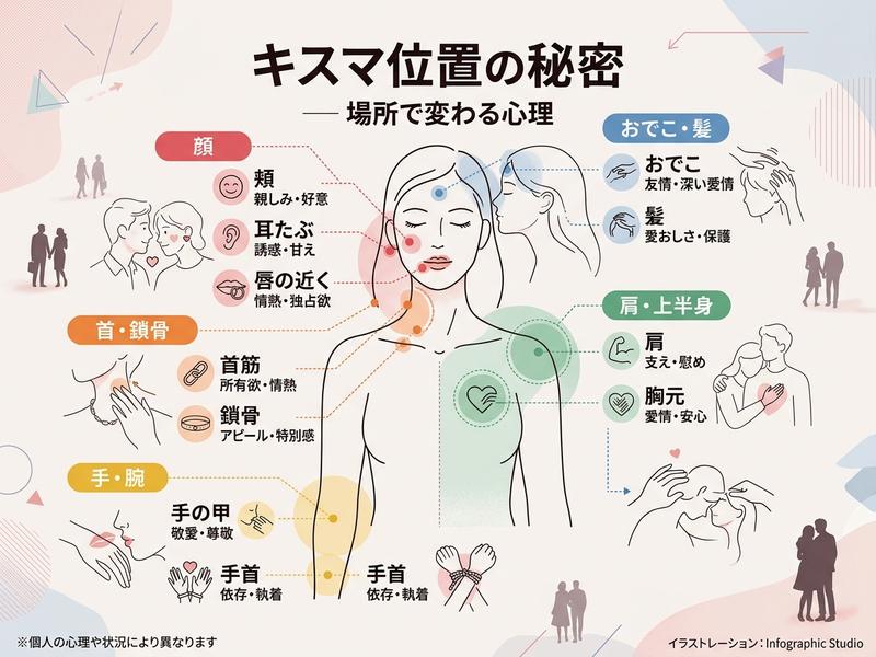 キスの場所が示す心理をイラストで説明したインフォグラフィック。