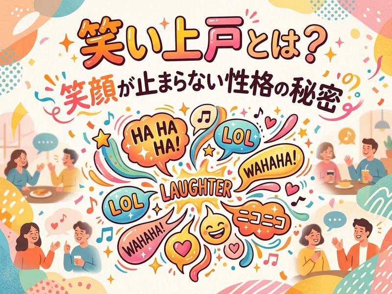 「笑い上戸」をテーマに、笑顔で会話する人々や、様々な笑いの表現が描かれたポップなイラスト。