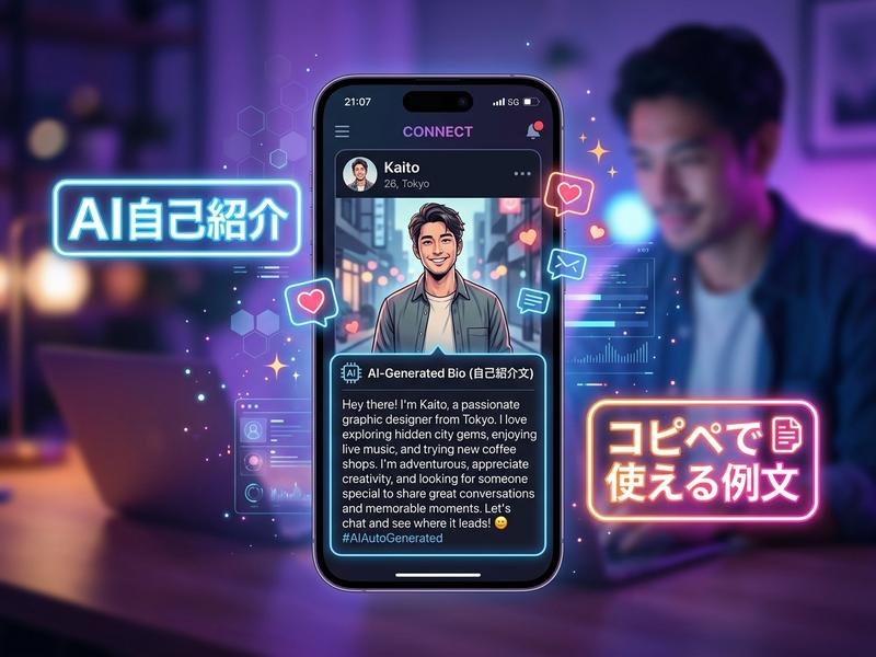 「AI自己紹介」が表示されたスマホ画面と、PC操作する男性。