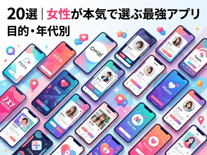 「女性が本気で選ぶ最強アプリ」のタイトルと複数のマッチングアプリ画面。