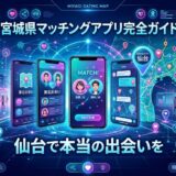 宮城県のマッチングアプリ完全ガイドを示す画像。スマートフォンと地図が描かれている。