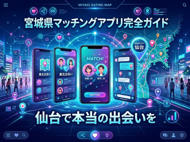 宮城県のマッチングアプリ完全ガイドを示す画像。スマートフォンと地図が描かれている。