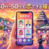 「40代・50代も恋できる福井」をテーマにした、スマホの婚活アプリと福井の街並み。