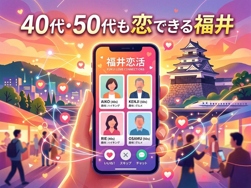 「40代・50代も恋できる福井」をテーマにした、スマホの婚活アプリと福井の街並み。