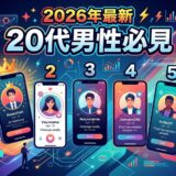 2026年最新、20代男性向けマッチングアプリを5つ紹介する画像。